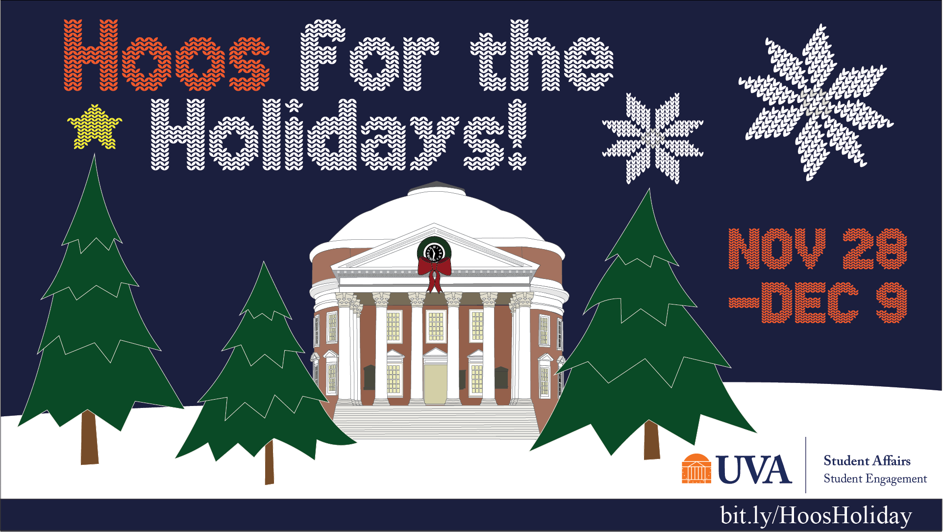 Hoos for the Holidays graphic with a Rotunda image.  November 28th - December 9th 
