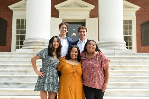 Students on steps of the Rotunda Lawn side