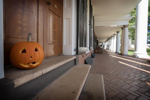 Pumpkin on a pavilion stoop on the Lawn